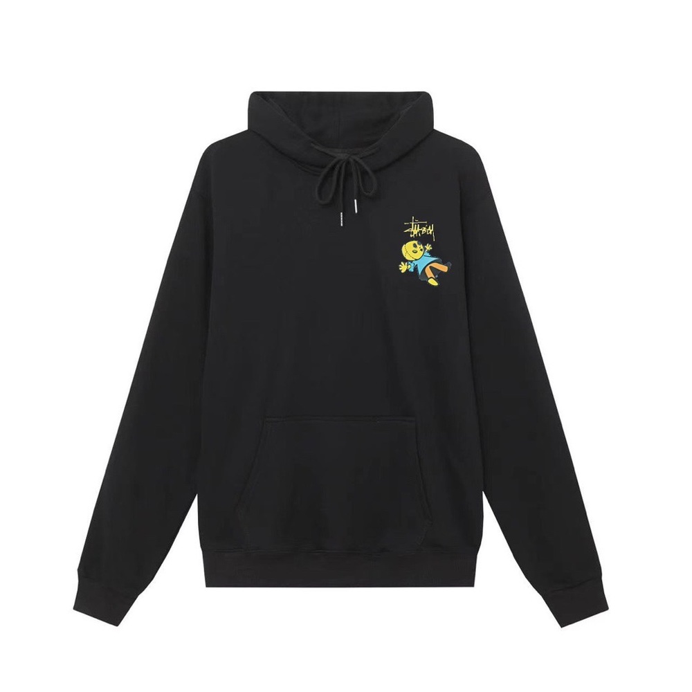 Stussy Black Hoodie with Yellow & Blue Chest Graphic